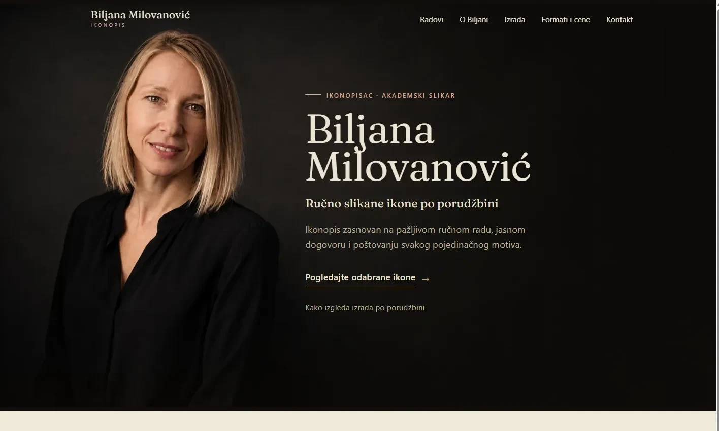 Početna strana sajta ikonopisca Biljane Milovanović — portret autorke i ručno slikane ikone