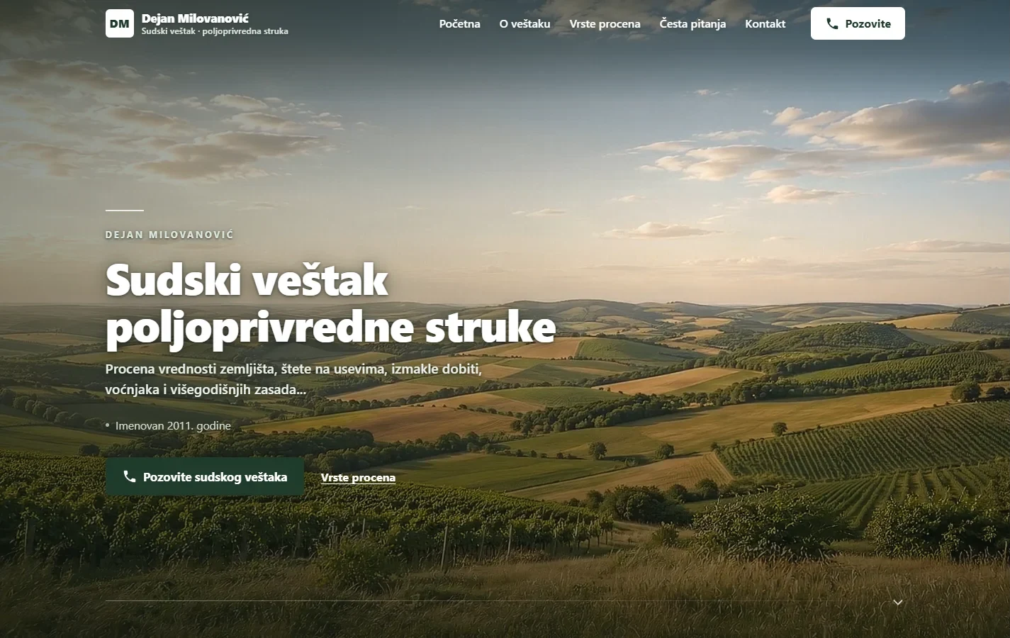 Početna strana sajta sudskog veštaka za poljoprivredu — naslov preko fotografije njiva